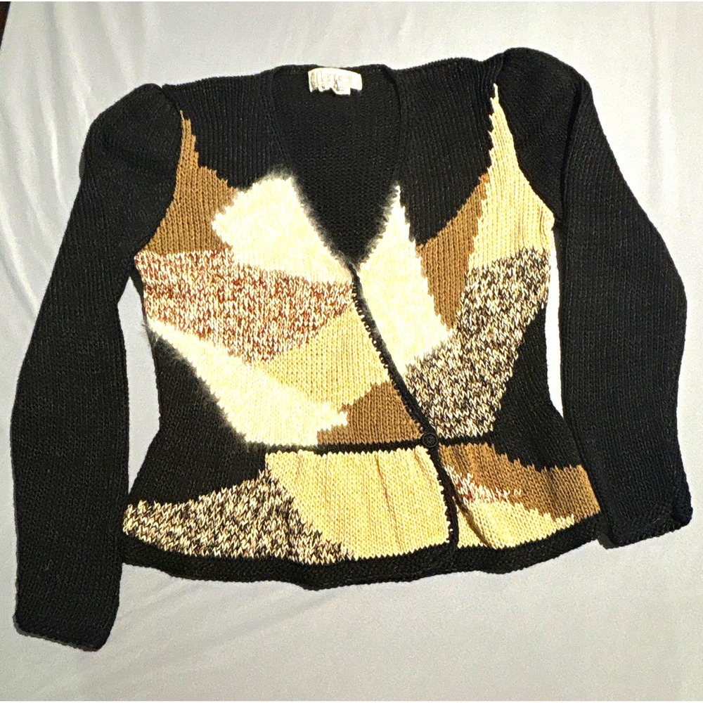 Nannell Vintage Black Geometric Intarsia Knit Cardigan Sweater Wrap Button M
